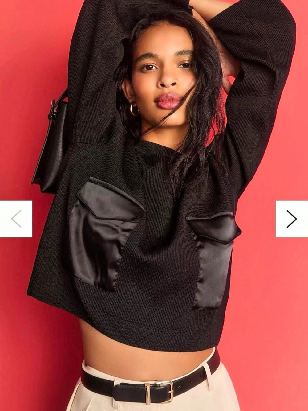 EUC Anthropologie Black Ribbed Satin Pocket Cropped Sweater XL